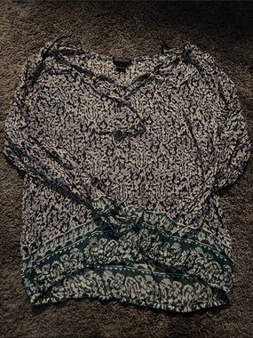 Lucky Brand Navy and Teal Printed Long-Sleeve Blouse